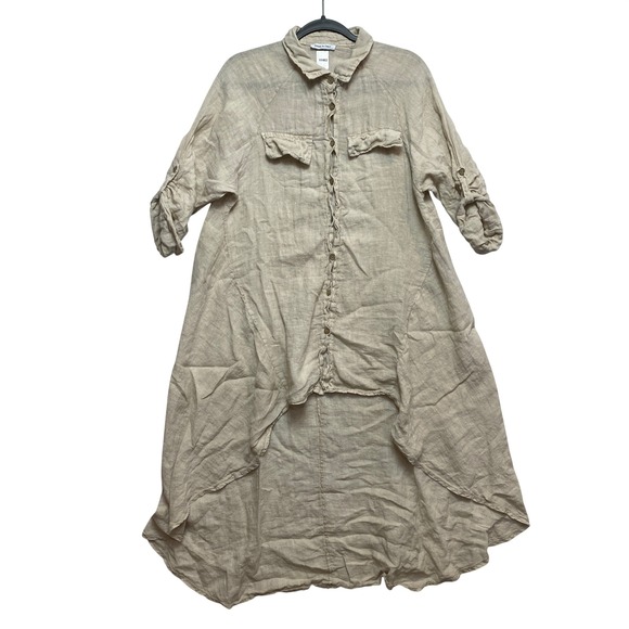 Made in Italy Dresses & Skirts - Linen Tunic Dress Womens One Size Beige High Low Roll Tab Sleeve Made in Italy